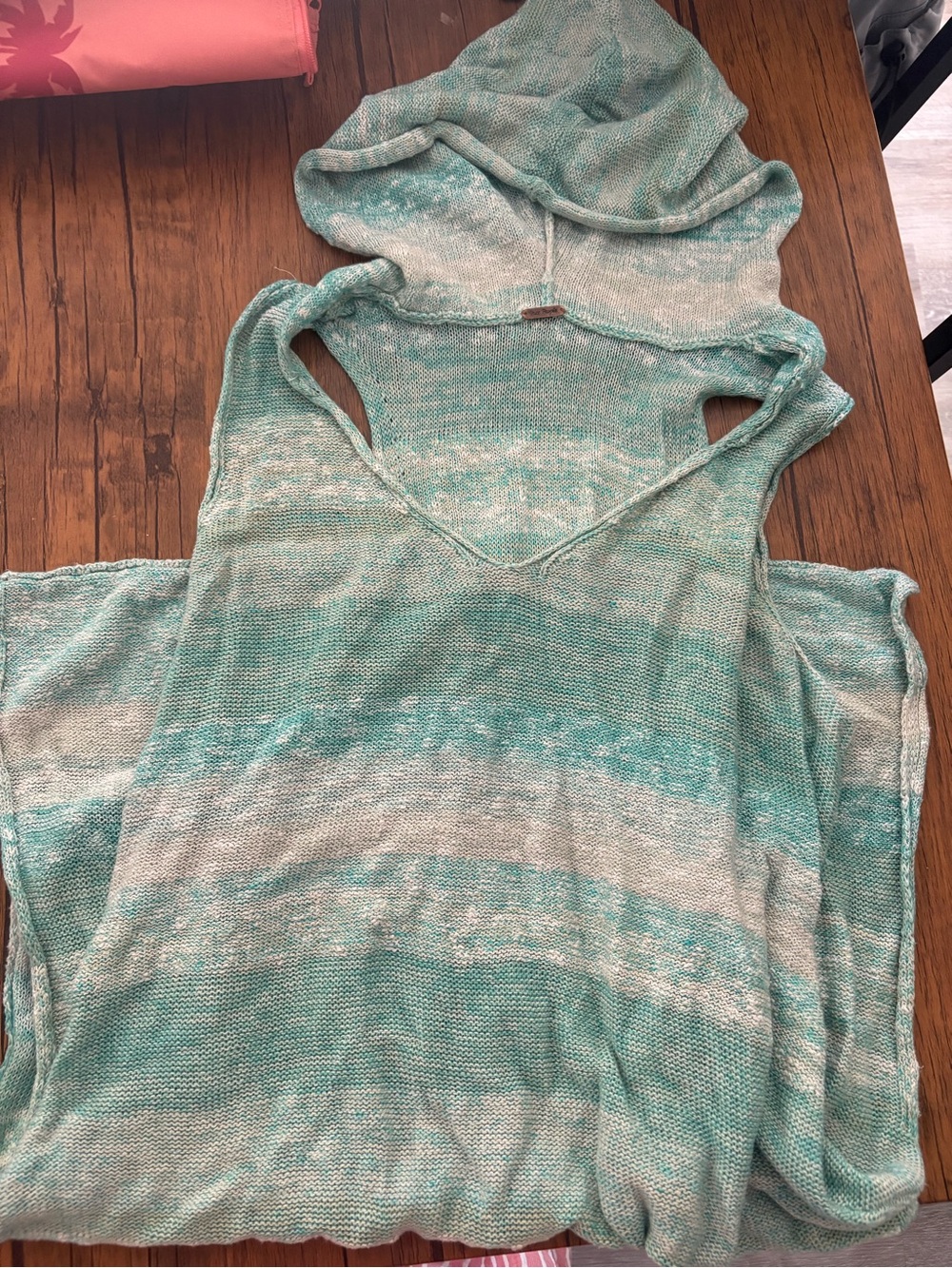Free People Mint Green and Cream Hooded Swim Coverup